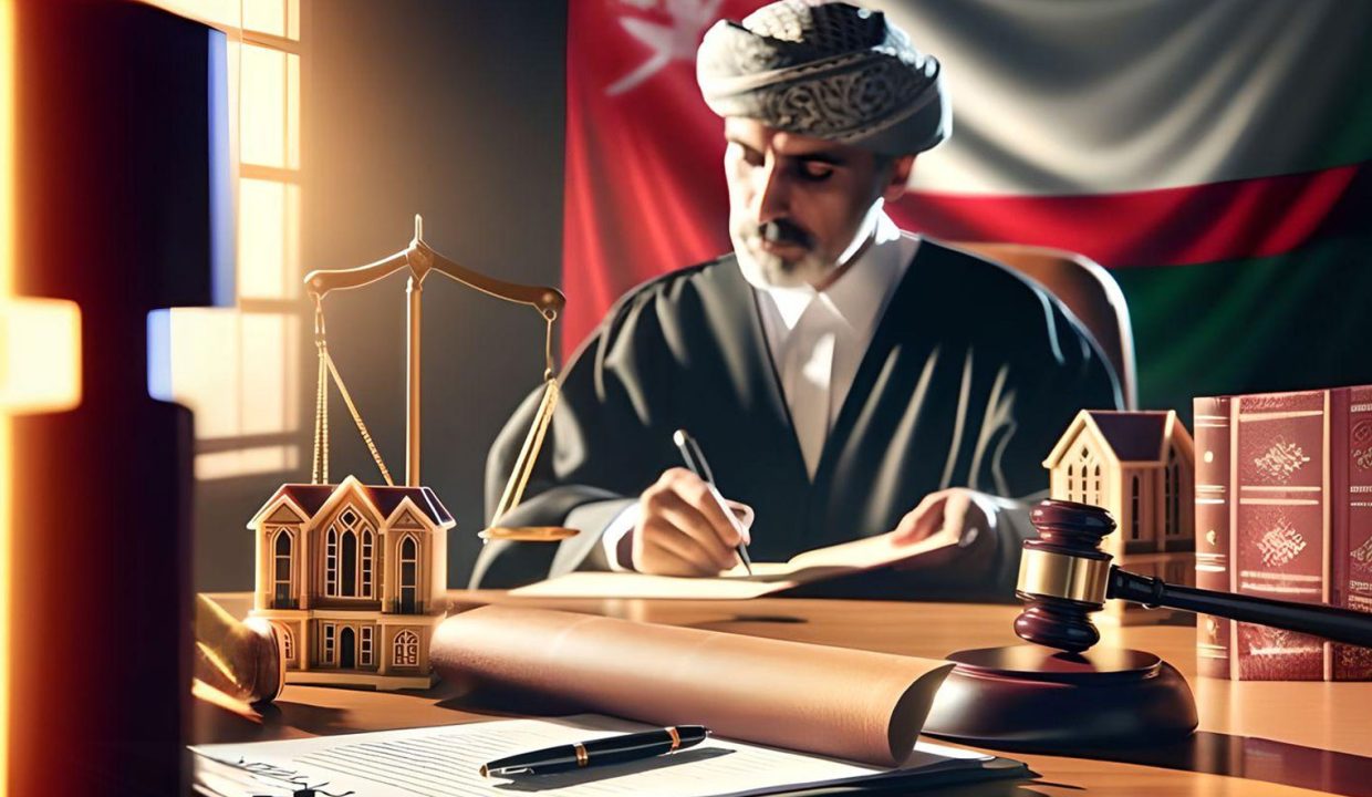 A courtroom scene with a judge delivering a verdict symbolizing the judicial decision to terminate a real estate contract