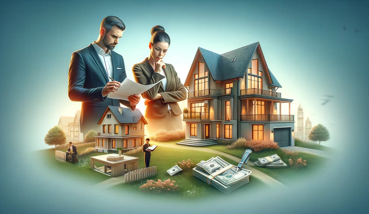 A thoughtful image depicting the challenges of buying a ready made home showing a couple analyzing a document with a thoughtful expression standing