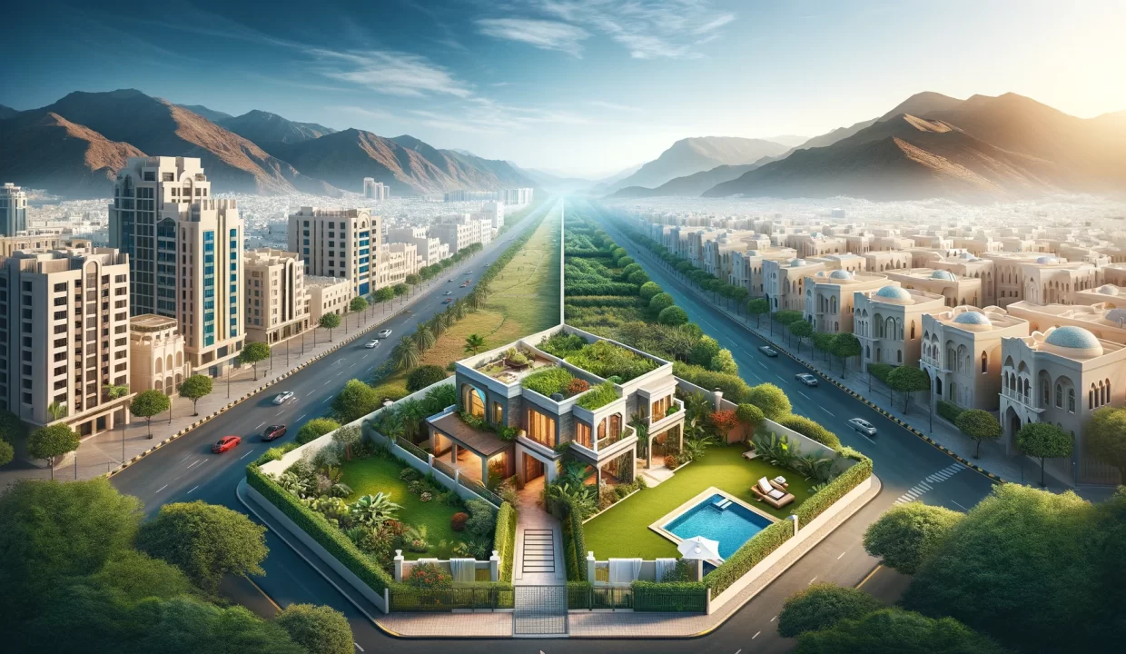A wide realistic image that captures the essence of the decision between living in an apartment or a villa in Oman. The scene divides into two contra